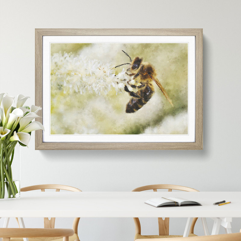 Bee Collecting Pollen Vol.1 - Picture Frame Painting, Oak Framed, 27cm H x 36cm W x 2cm D