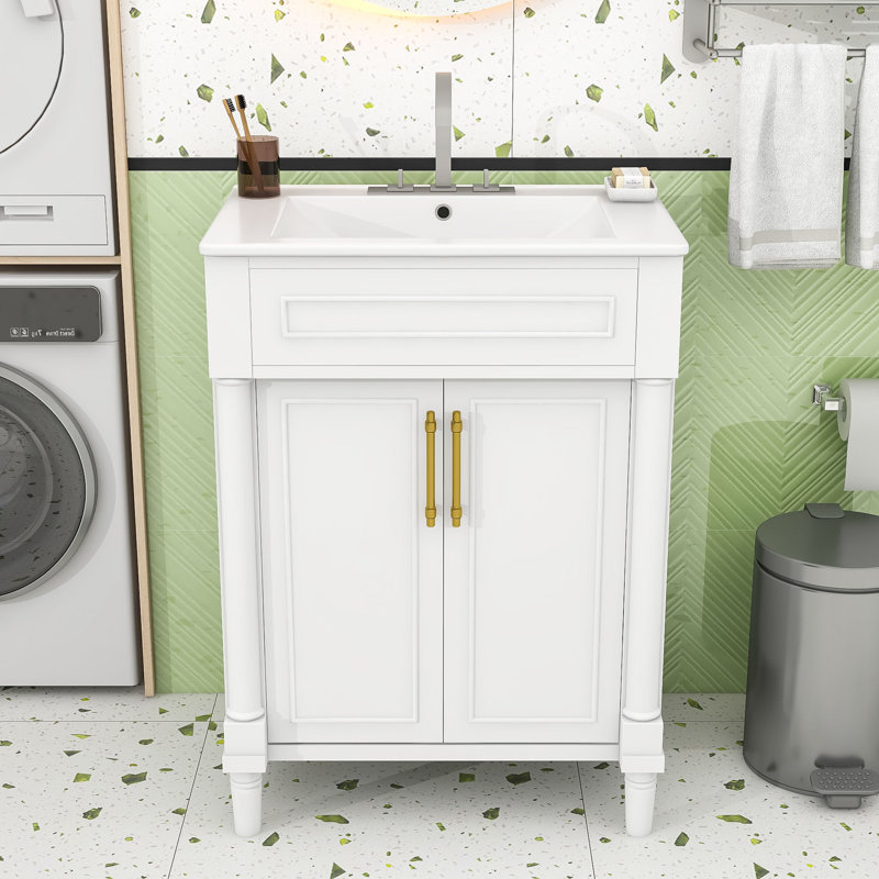 Meuble-lavabo simple autoportant moderne avec lavabo demi-lune en céramique et tablette de rangement réglable, Blanc