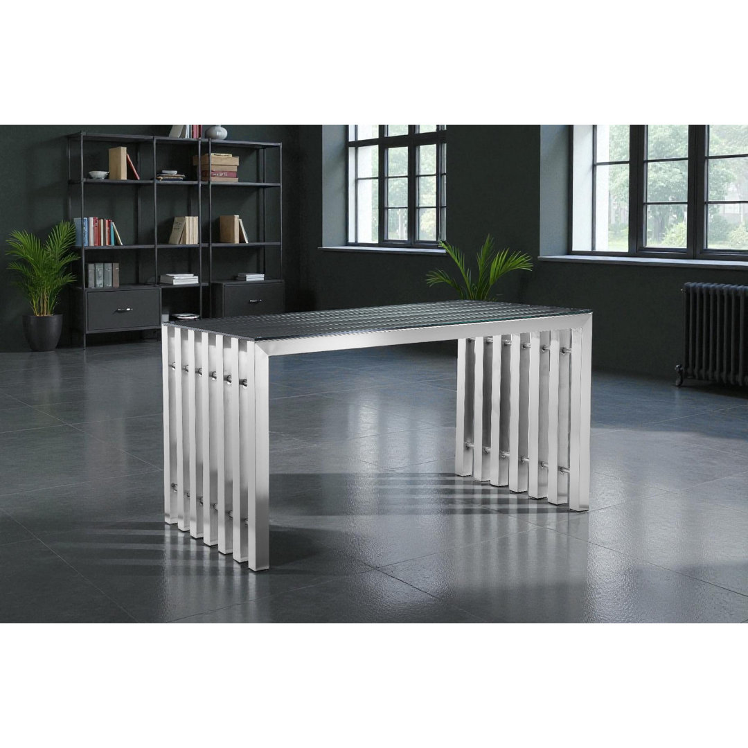 Pangea Home Vlad Glass Modern Metal Desk – Brushed Steel Writing Desk, Industrial Contemporary Writing Executive Office Table, Silver or Black Finish Upper Square™ 