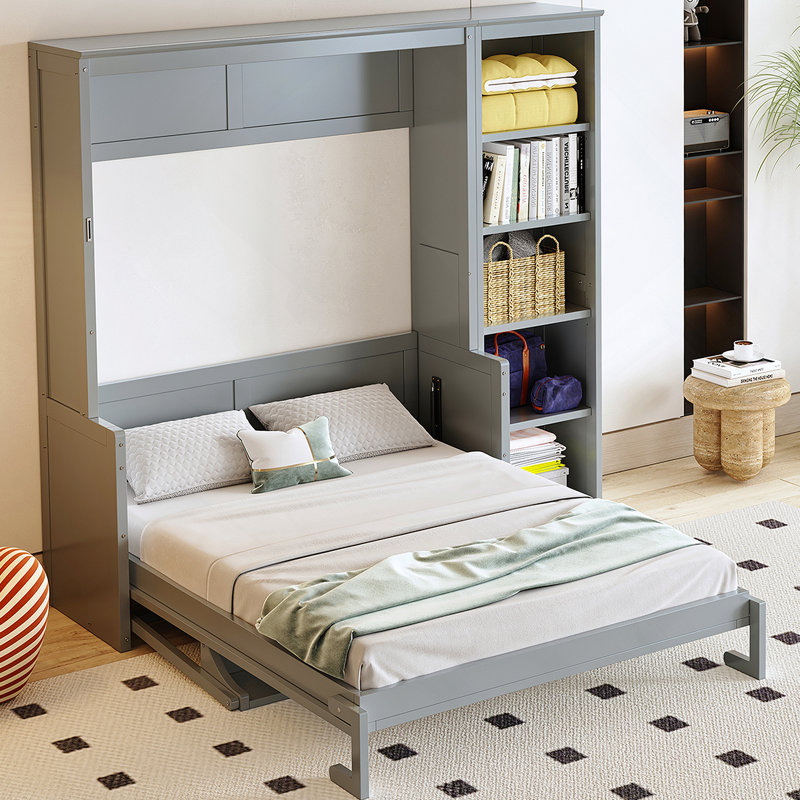 Structure de lit, lit escamotable avec bureau et bibliothèque, Gris, Double