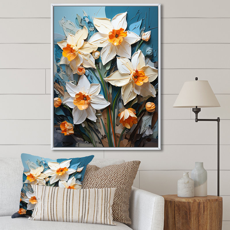 «Fauvist Verve Daffodils Brushwork», reproduction sur toile encadrée, Cadre flottant blanc, H 20 po x l 12 po x P 1 po