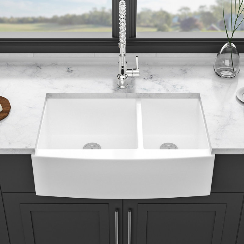 Farmhouse Sink - Évier de cuisine à double cuve en céramique blanche 60/40