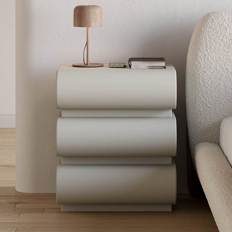 Table de chevet intelligente à 3 tiroirs en similicuir gris avec chargement sans fil, ports USB et Type-C, structure en bois composite