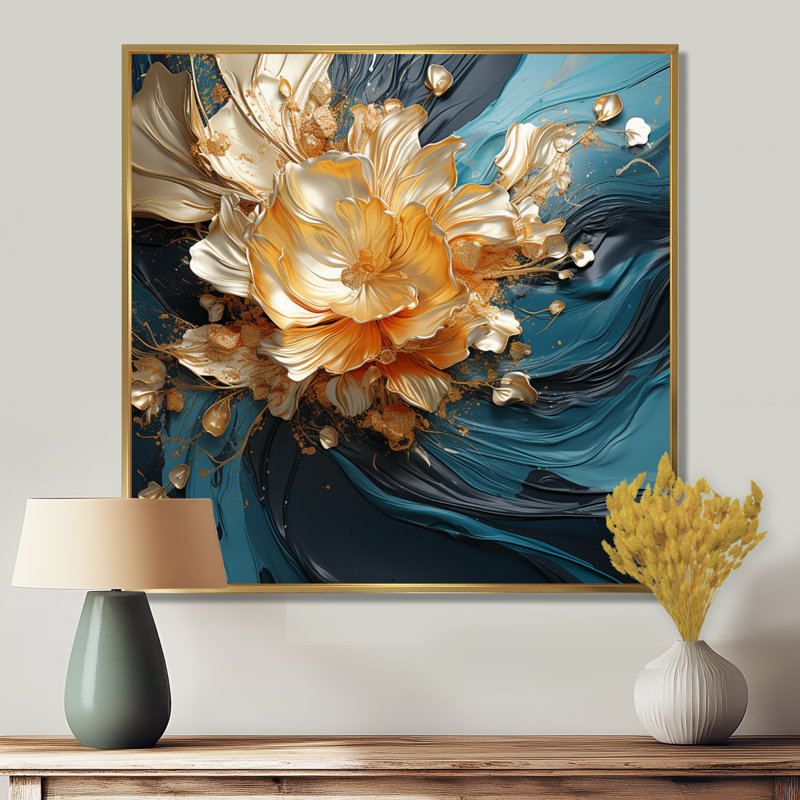 Fleur abstraite dorée sur des vagues bleu sarcelle - art mural floral moderne, Toile avec cadre flottant or