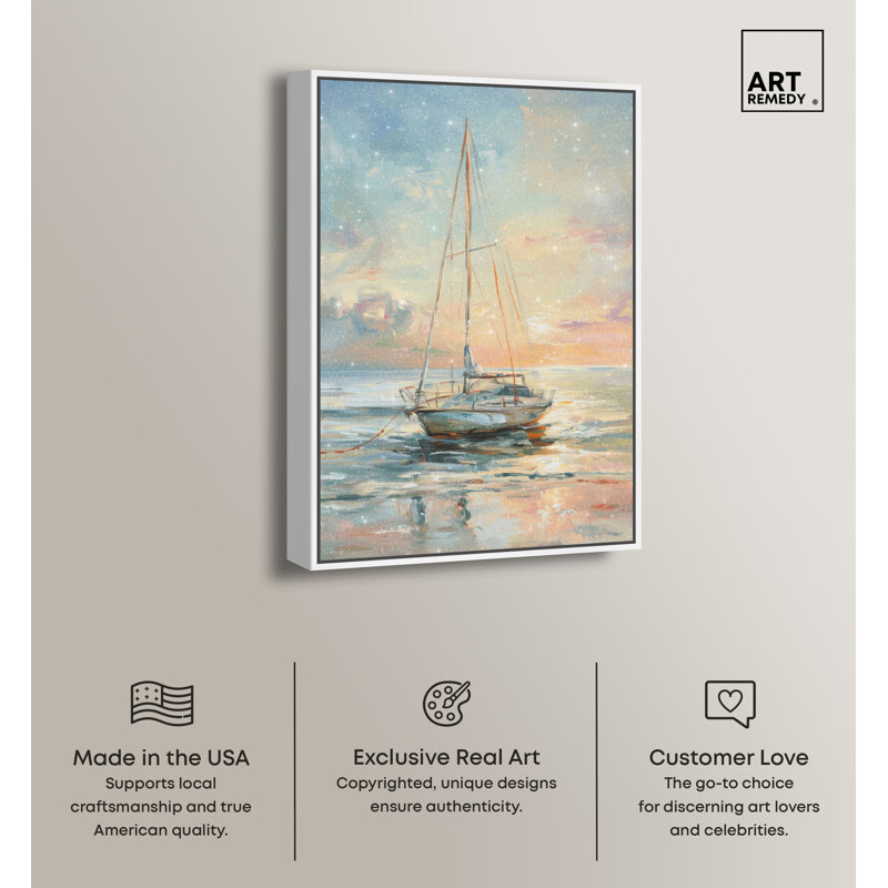 Serene Sunset Sailboat Canvas Print with White Frame