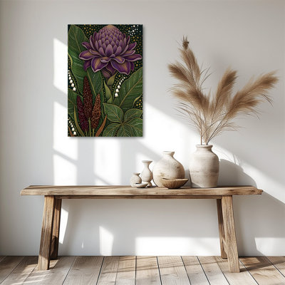 Tableau pointilliste « Lotus en pois » sur toile tendue sur châssis, 61 x 91 cm, décor botanique de lotus violet et vert pour salon, chambre et salle de bain