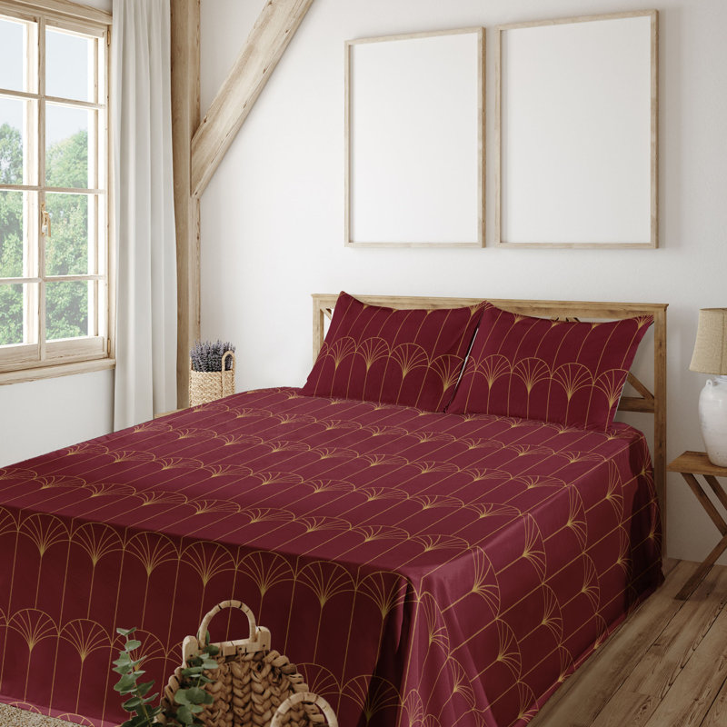 Microfiber Sheet Set, King Sheet Set with 2 Pillowcases, Burgundy Geometric