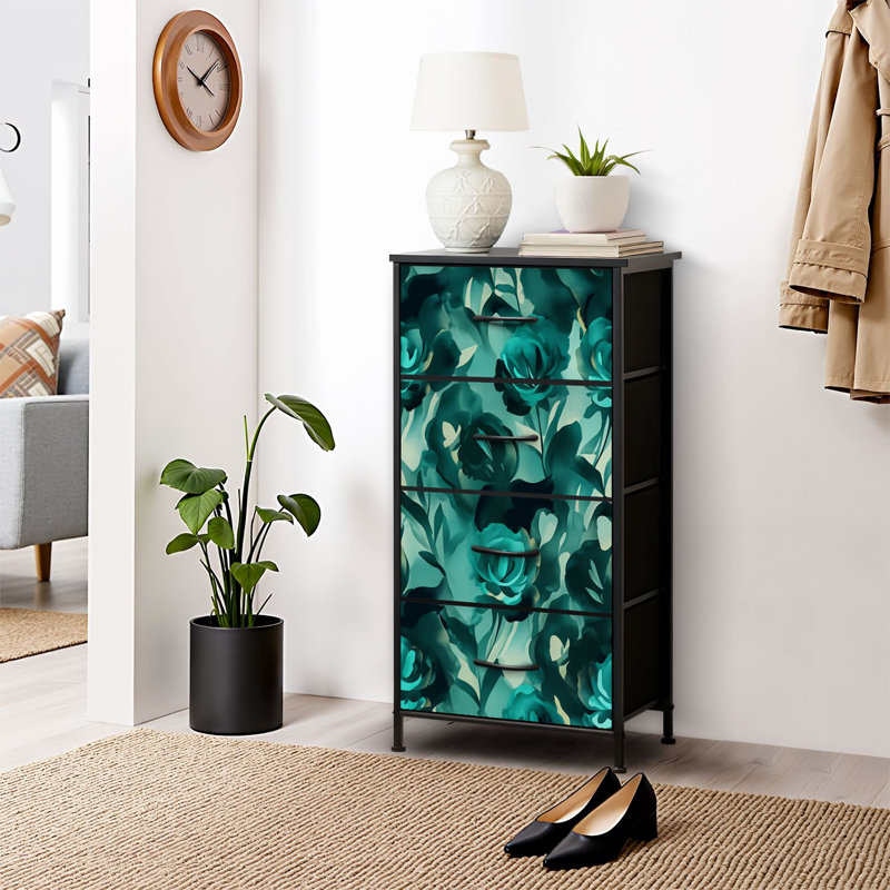 Commode pour commode de chambre à coucher Abat-jour floral abstrait Commodes et commodes en tissu bleu-vert avec rangement à 4 tiroirs