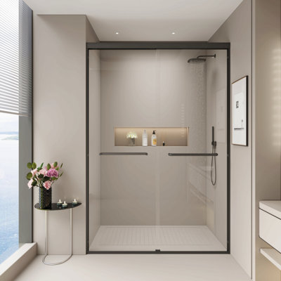 44 à 48 po X P 72 po H Double porte de douche coulissante, porte de salle de bain semi-sans cadre avec verre trempé de 1/4 po (6 mm) pour douche à l'italienne, noir mat