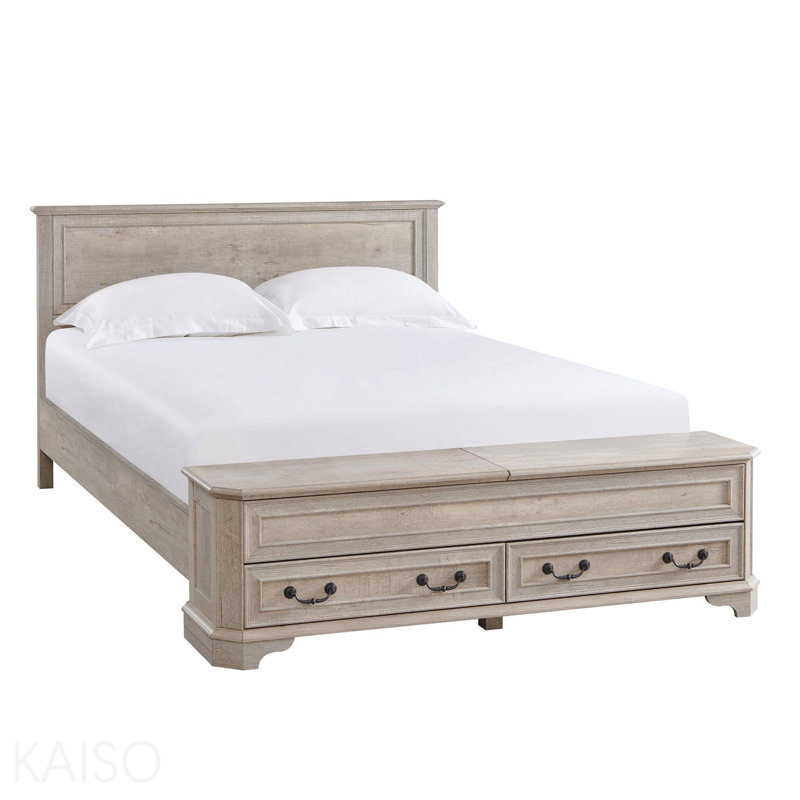 Grand lit avec tête de lit géométrique 3D et banc de rangement - rangement à 4 tiroirs, mobilier de chambre moderne, chêne.