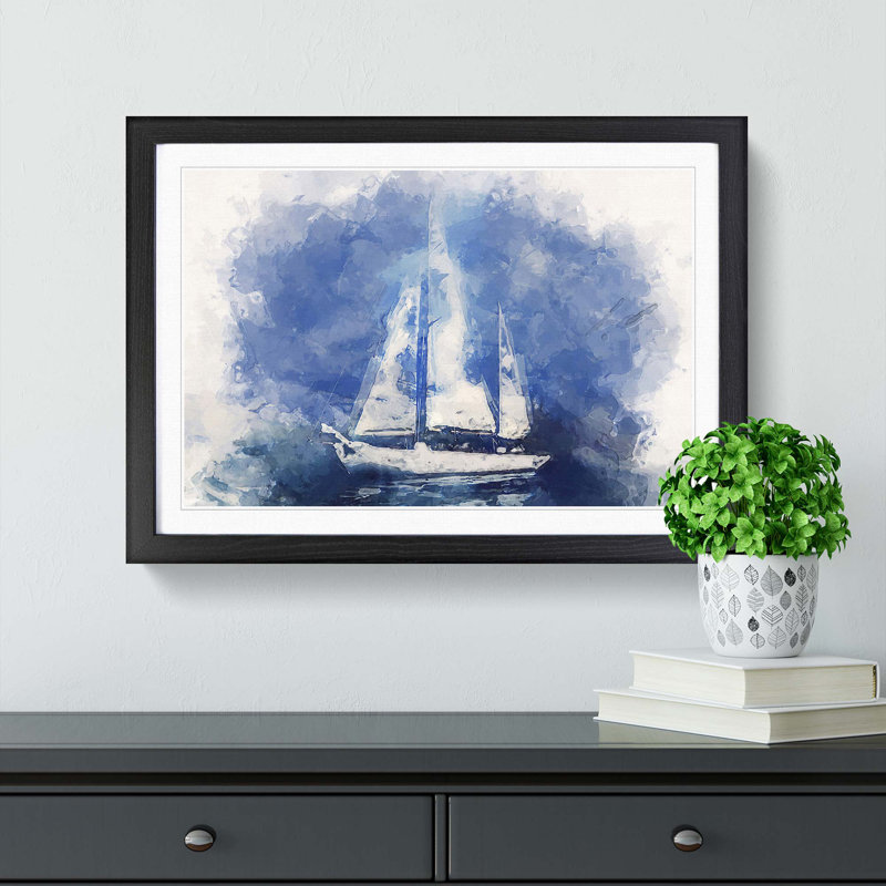 White Sailboat Paint Strokes in Abstract - Framed Print, Black, 35cm H x 50cm W x 2cm D