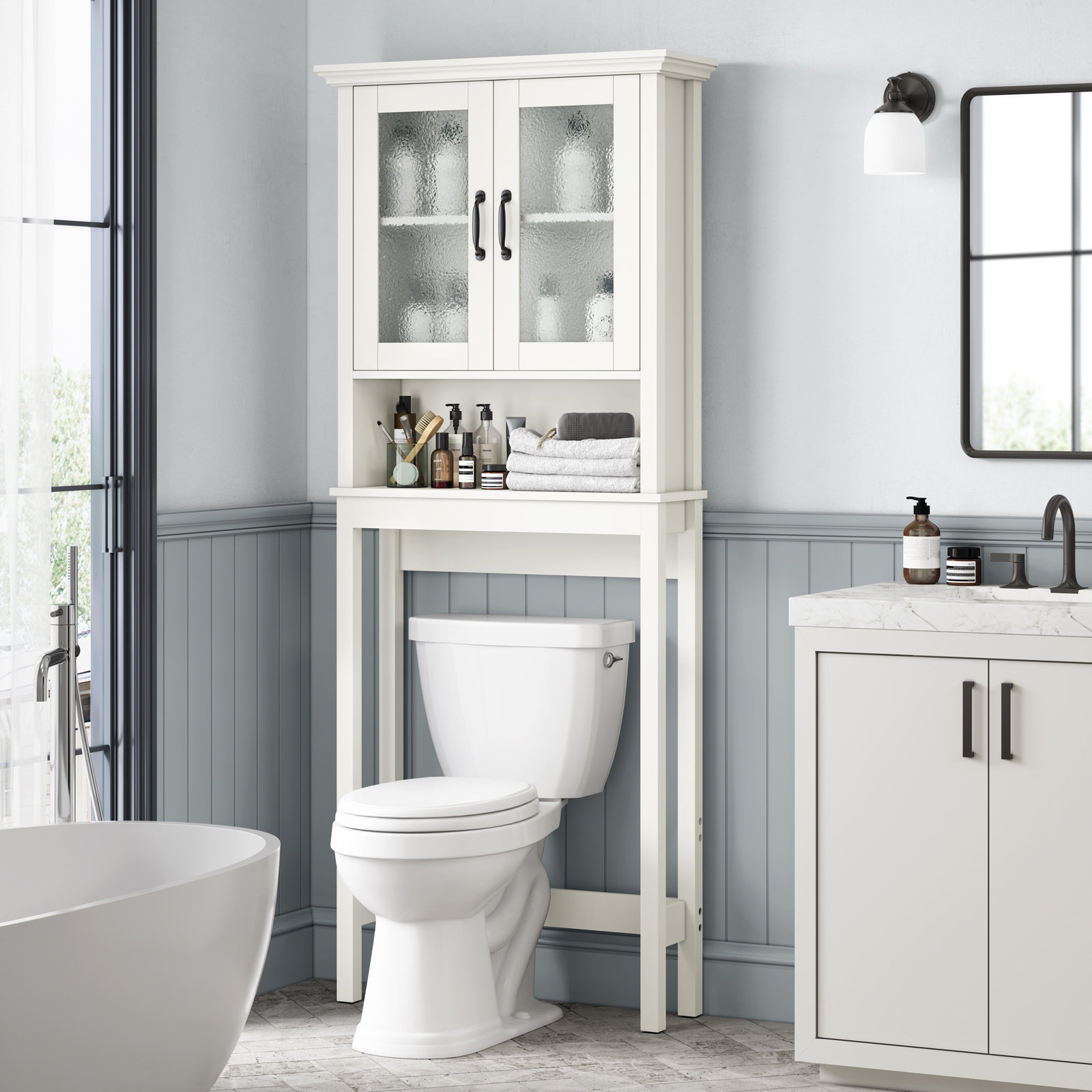 Bathroom Above Toilet Cabinet, Espresso MDF Storage Cabinet, Bathroom Storage Space Saver with Adjustable Shelf & Glass Door Cabinet, Over The Toilet