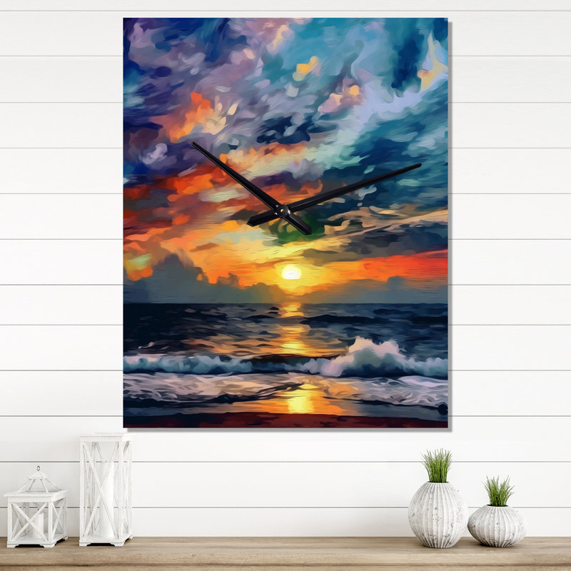 Majestic Sunset Wild Waves Breaking At Shore - Horloges murales Coastal Waves, Médium