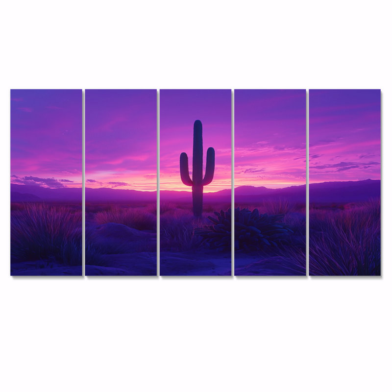 Lavande cactus au crépuscule I - Art mural floral cactus - Art mural traditionnel pour le salon, H 28 po x l 60 po
