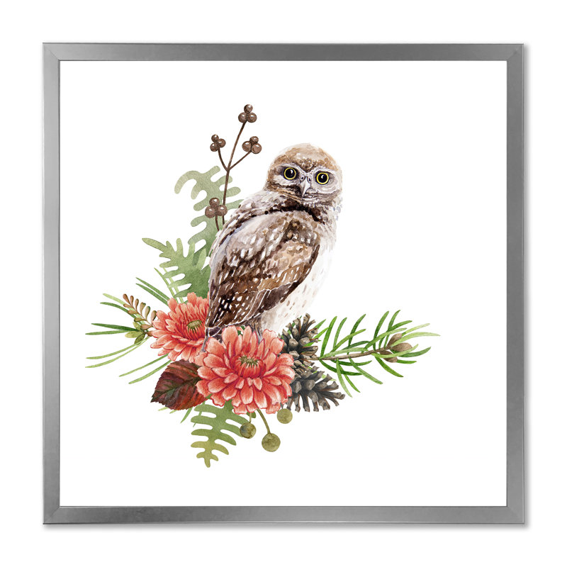 " Owl On A Branch " Painting Print, Silver Picture Framed, 30" H x 30" W x 1" D