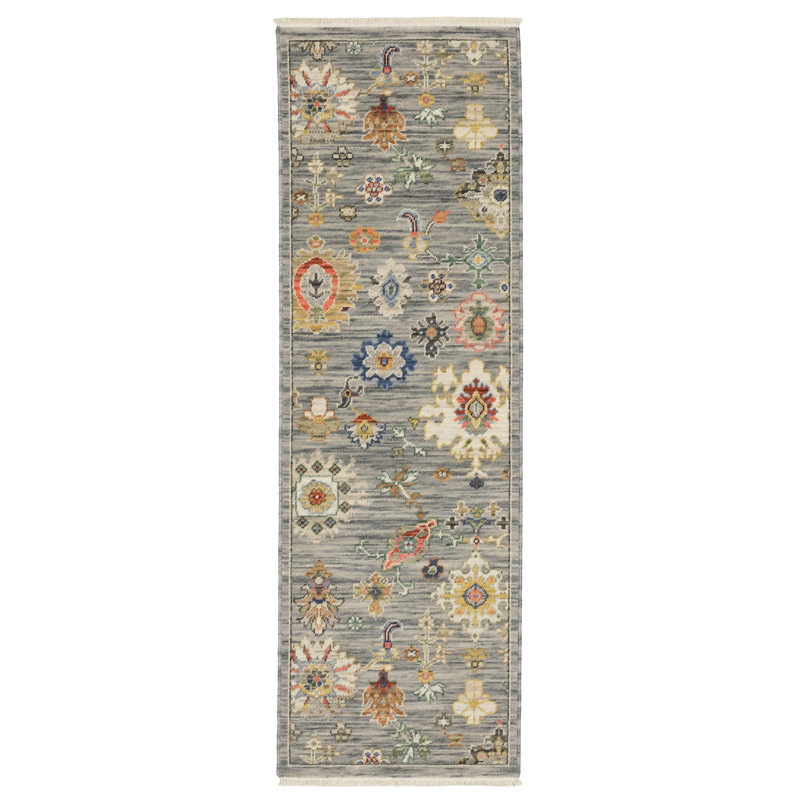 Oriental Machine Woven Gray /Beige Wool and Nylon Blend Area Rug, Runner 2' x 6'