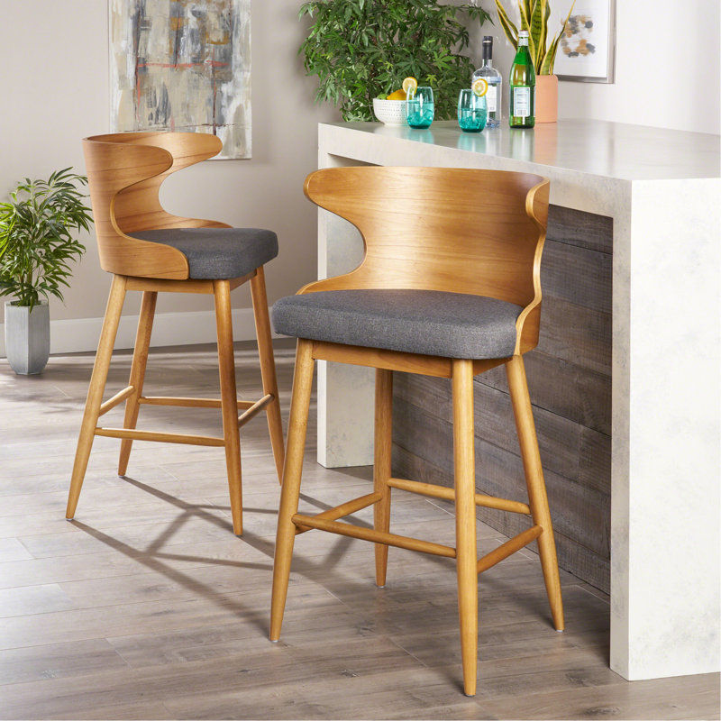 Tabourets de bar rembourrés Mid-Century [ensemble de 2 pièces], gris anthracite et naturel, Natural, Polyester gris