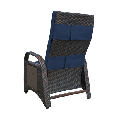 Fauteuil inclinable d'extérieur, fauteuil de détente inclinable réglable en osier avec mécanisme de réglage séparé et coussin souple amovible, fauteuil moderne et ergonomique pour la maison, le soleil ou la détente (bleu marine)
