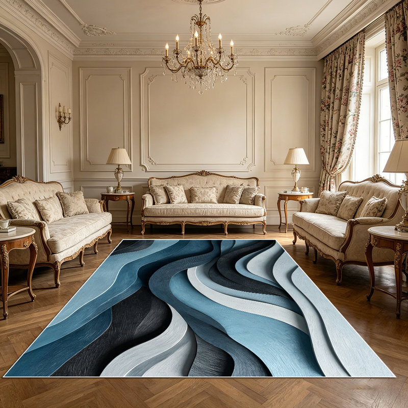 1PC Modern Abstract Layered Wavy Coastal Blue Tone area rugs for Living Room, Soft and Comfortable, easy-to-maintain, machine washable Indoor floor mat, Under Table Farmhouse suitable for dining table, bedroom, entryway, home office, patio, hallway.