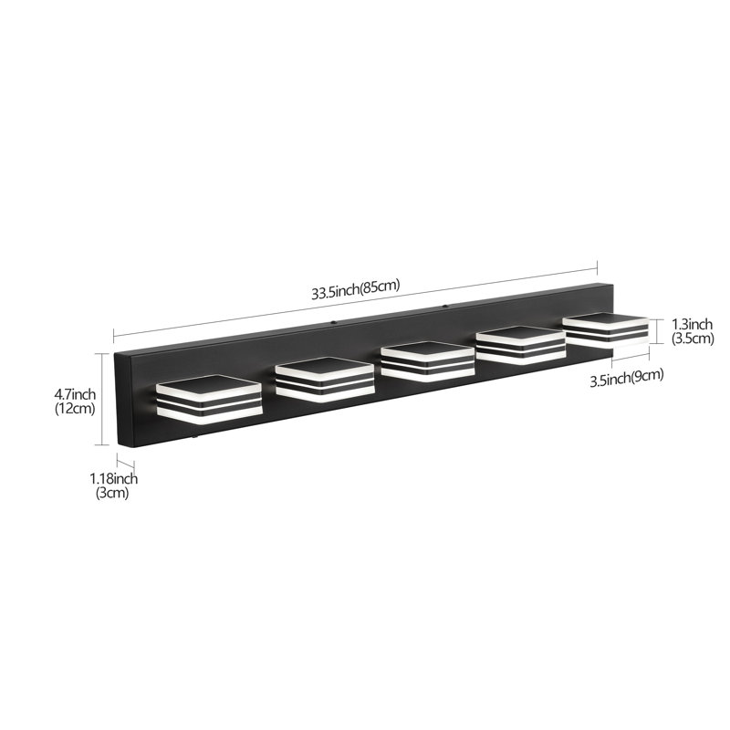 Éclairage de meuble-lavabo moderne à DEL, H 4,7 po x l 33,5 po x P 4,3 po, Noir, 5 lumières