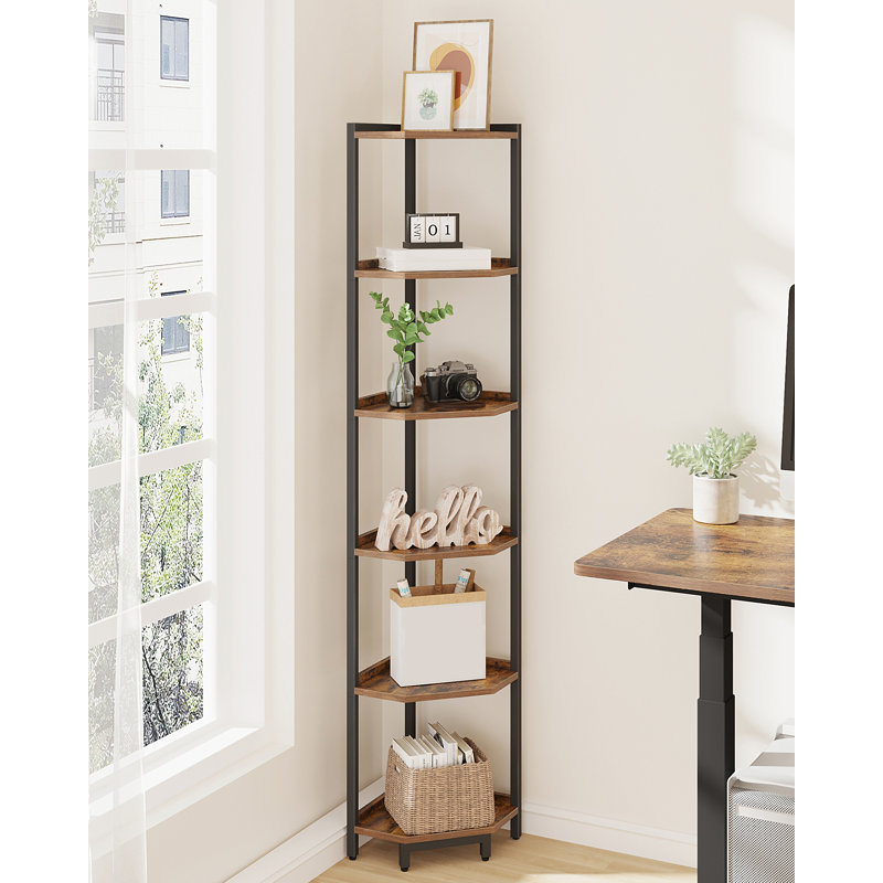 Étagère d'angle, bibliothèque d'angle, étagère de rangement avec cadre en métal, support pour plante, bibliothèque pour le salon, le bureau personnel, la chambre à coucher, brun rustique à 6 niveaux
