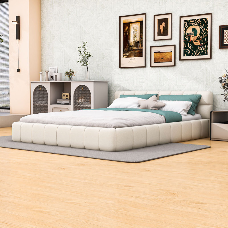 Grand lit plateforme tapissier en lin avec tête de lit, Beige