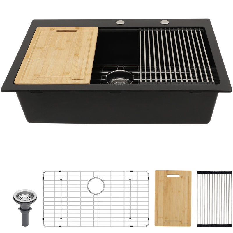 Évier de cuisine 33 x 22 po en quartz noir, composite haut de gamme, réduit les vibrations et le bruit, surface anti-égratignures, le paquet inclut la grille de séchage poste de travail en granite, grille silencieuse et poreuse
