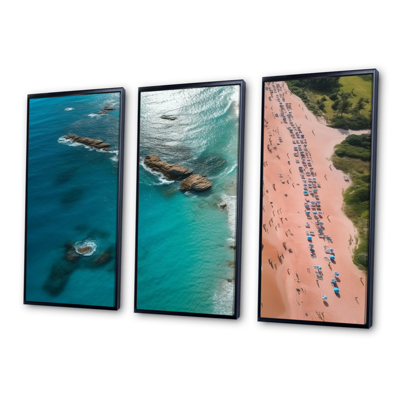 Vue aérienne de la plage bleue et rose - art mural plage et océan, H 28 po x l 36 po x P 1 po, Cadre flottant noir