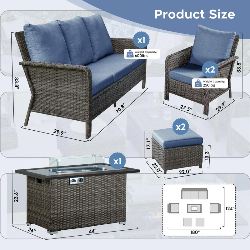 7 - Person Rectangular Outdoor Dining Set with Fire Pit Table and Cushions, Grayish Brown, Blue