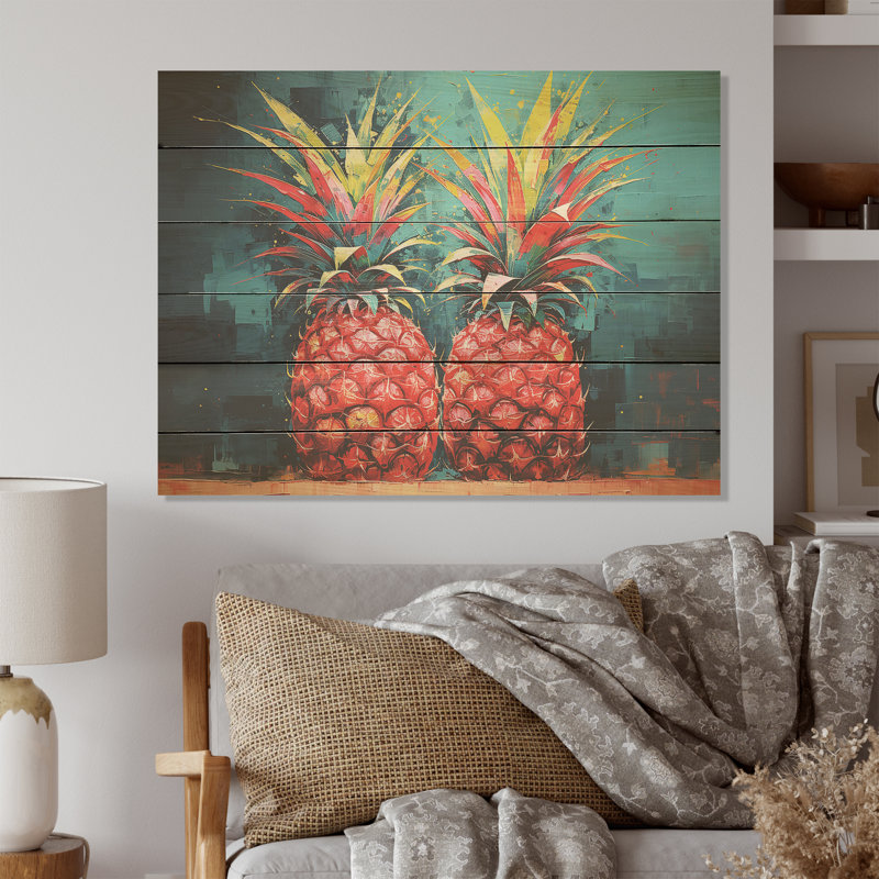 «Sunny Pop Pineapple Serenade», art sur bois d'ananas sur bois de pin naturel, H 30 po x l 40 po