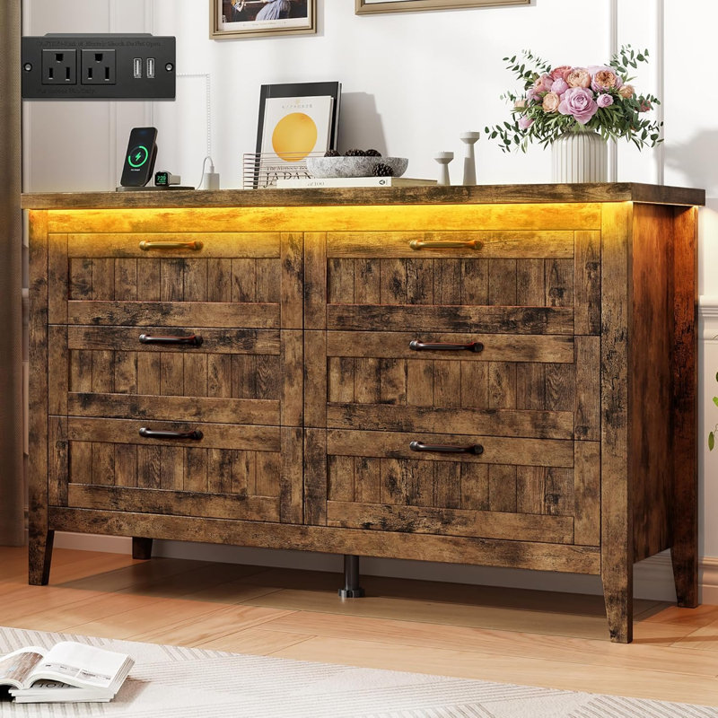 Commode à tiroirs Farmhouse avec station de charge et lumières DEL, commode de chambre mince en bois, Brun