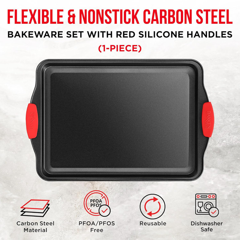 Medium Nonstick Carbon Steel Cookie Sheet Pan with Red Silicone Handles