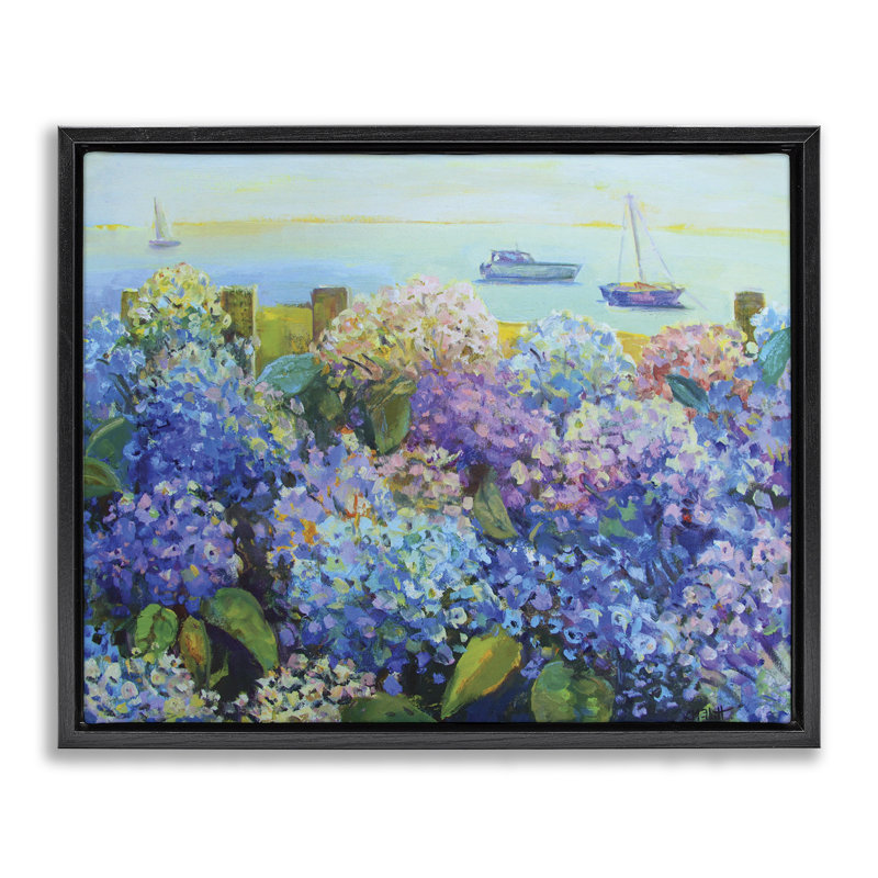 «Hydrangea by the Sea», art mural encadré par Catherine Elliot, Cadre flottant noir de jais, H 17 po x l 21 po