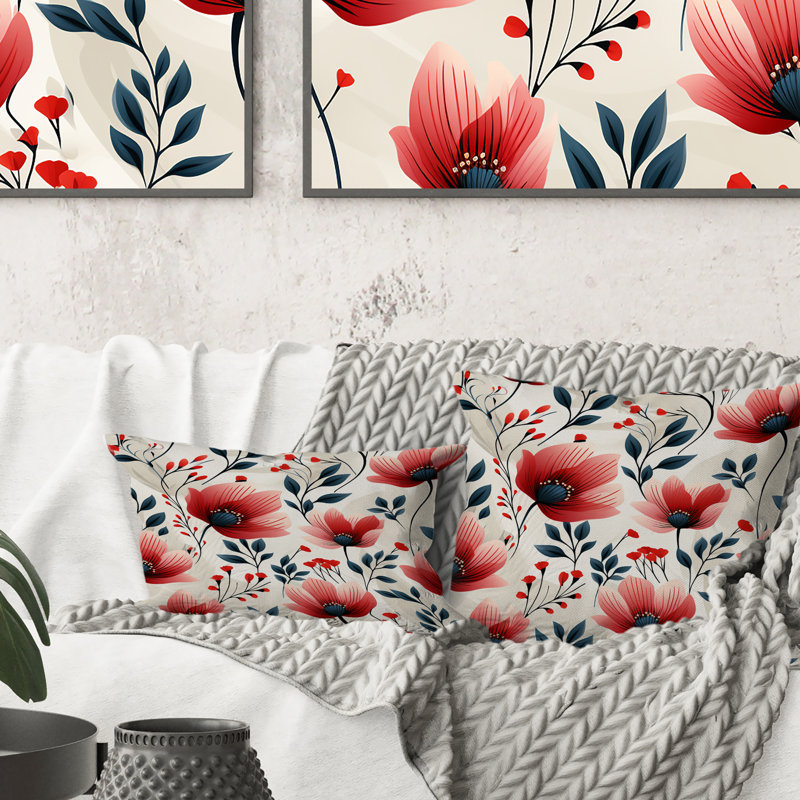 Coussin décoratif à imprimé floral rouge Red Coastal Elegance, H 16 po x l 16 po