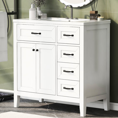 36" Freestanding Bathroom Vanity - White With Ceramic Sink, Drawers, Stable Structure Solid Modern Cabinet