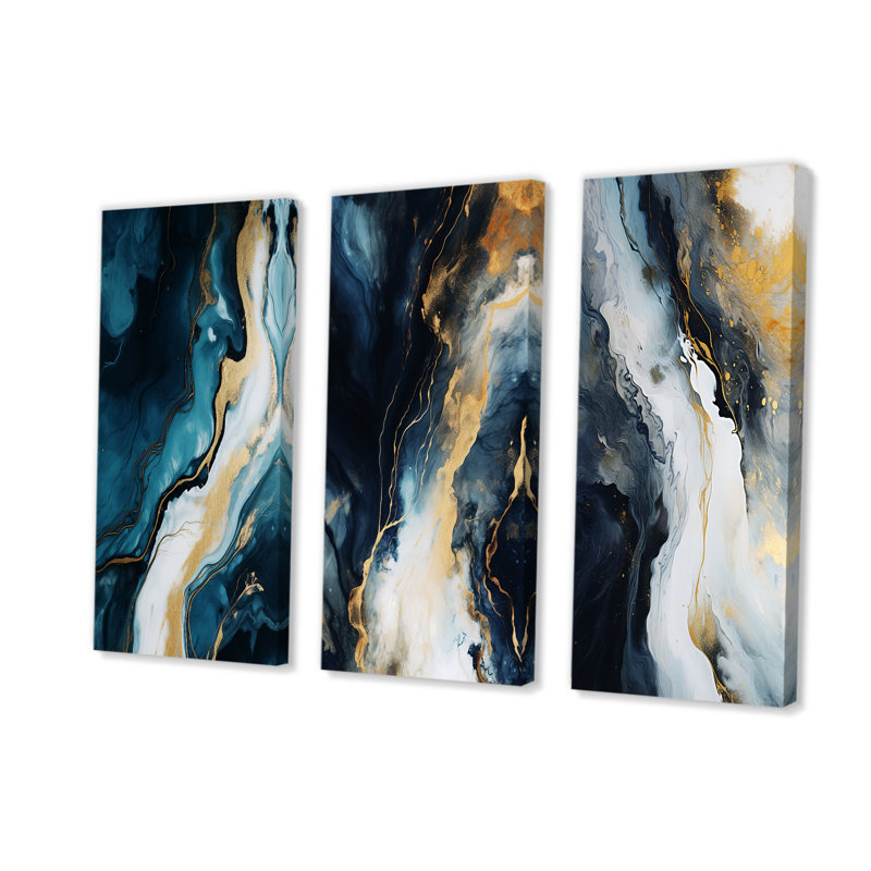 Or et bleu, peinture abstraite sur marbre I - ensemble de 3 impressions sur toile marbrées abstraites, H 28 po x l 36 po