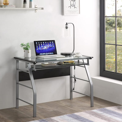 Modern Computer Desk with Pull-Out Keyboard Tray, Clear Glass Top, and Silver Metal Frame for Home Office and Study Rooms