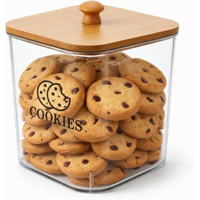 Bocaux à biscuits avec couvercles en bois hermétiques, boîte à biscuits en plastique de 2 L, pot à bonbon à bouche large, contenant de rangement pour comptoir de cuisine, pot mignon pour offrir en cadeau, sans BPA, transparent