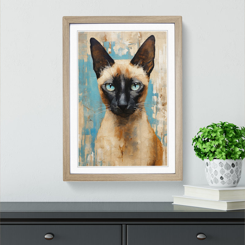 Siamese Cat Gestural - Single Picture Frame Print on Wood, 46cm H x 34cm W x 2cm D, Oak 