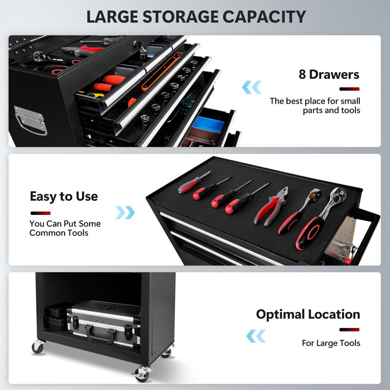 8-Drawer Rolling Tool Chest with Wheels, Large Tool Cabinet with Drawers, Black