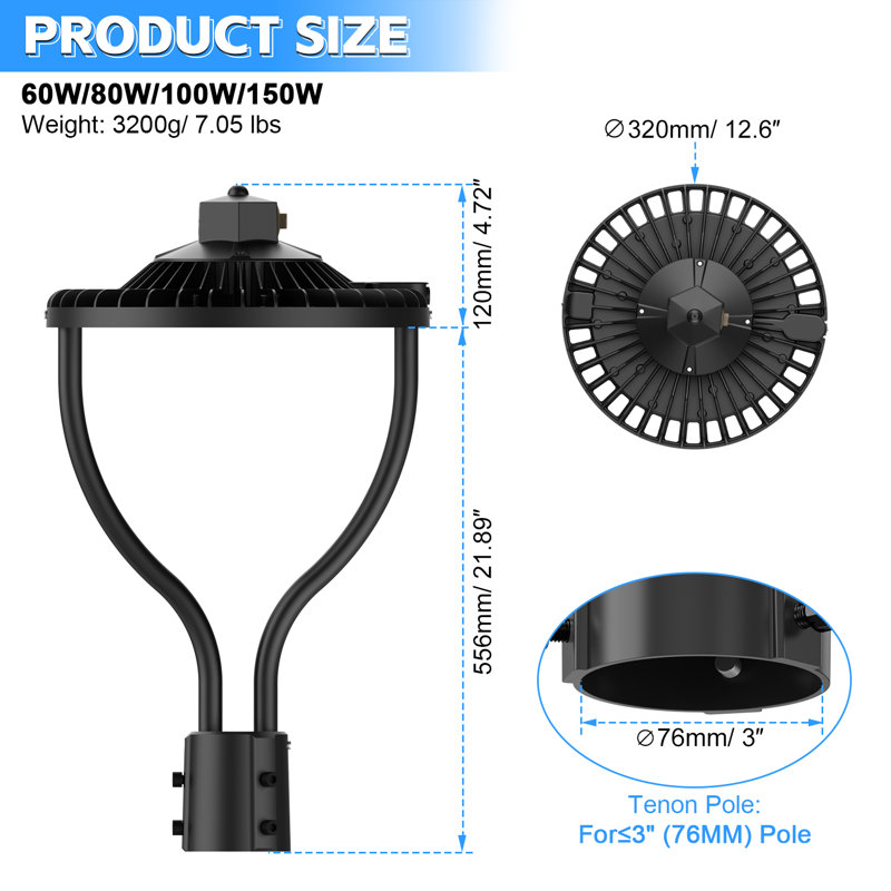 Le dessus de poteau à DEL allume un poteau extérieur réglable de 60 W / 48 W / 36 W, 3 000 K / 4 000 K / 5 000 K, imperméable IP65