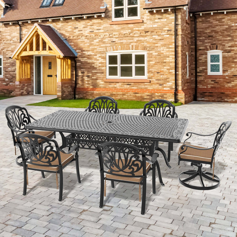 Ensemble de salle à manger 7 pièces en aluminium coulé avec cadre noir 7 pièces, comprenant 2 chaises pivotantes, 6 chaises et une table rectangulaire