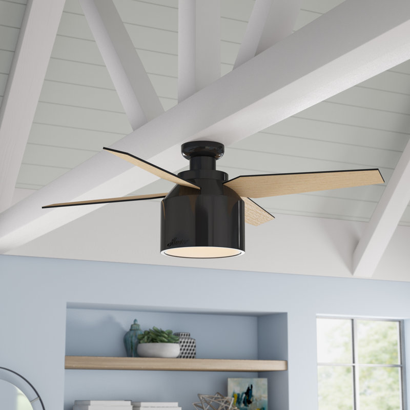 52" Cranbrook 4 - Blade Flush Mount Ceiling Fan with Lights and Remote, Gloss Black