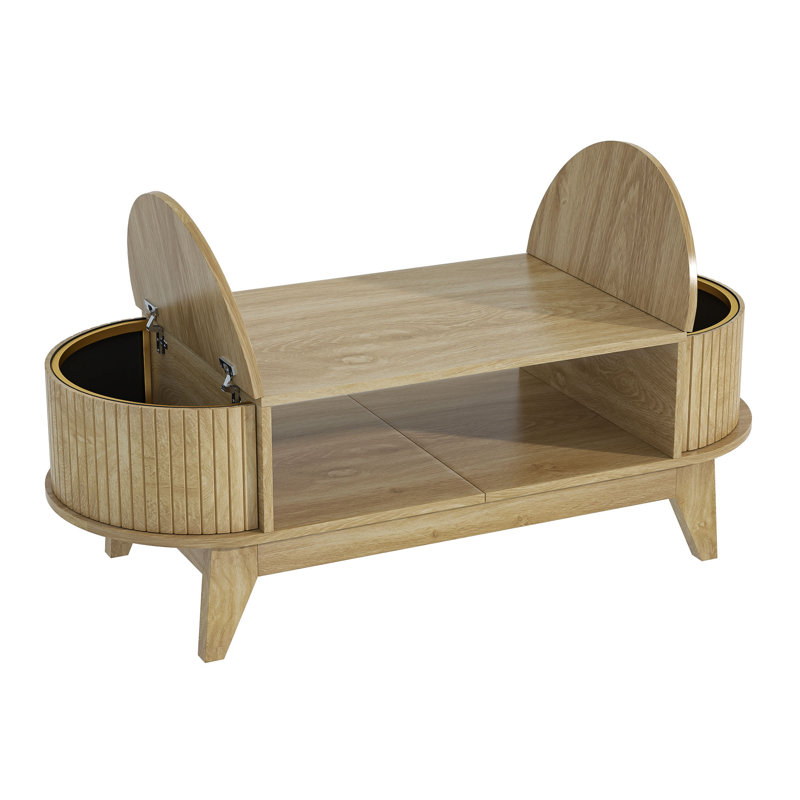46.45" Oval Shaped Coffee Table With Storage, Fluted Accent Table For Living Room, Wood