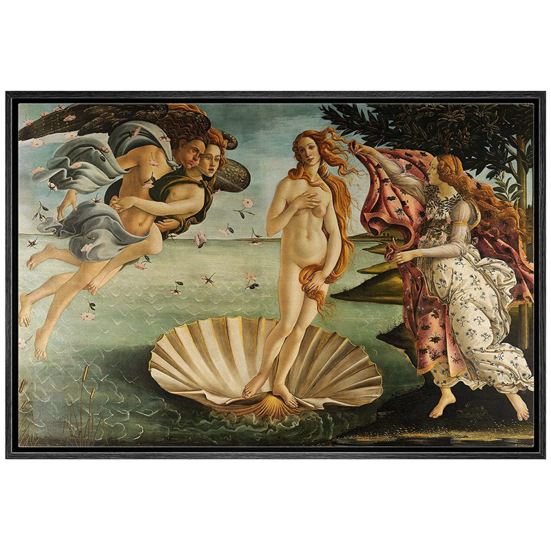 Célèbre œuvre d'art IDÉE4WALL, reproduction d'art sur toile encadrée, "La naissance de Vénus" par Botticelli, Noir