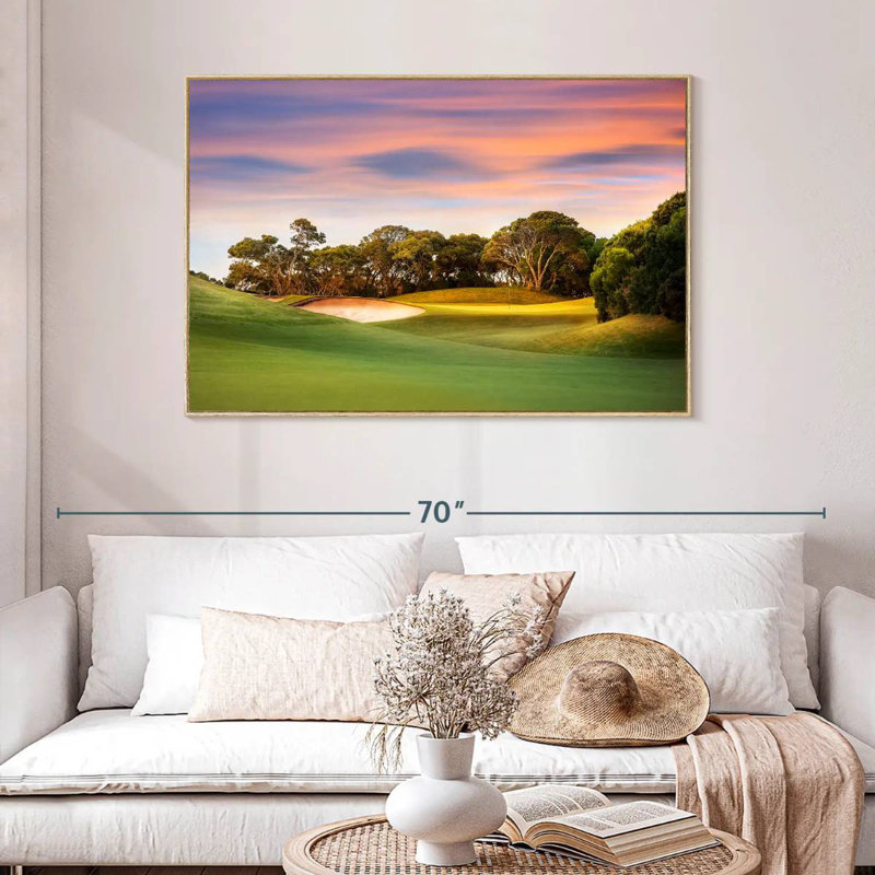 Terrain de golf, coucher de soleil, Cadre flottant en bois naturel, 46 po x 31 po