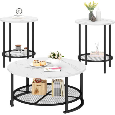 3-Piece Round Living Room Table Set, Rustic Gray Wood Grain Coffee Table with 2 Matching Round Side End Tables, Matte Black Metal Frame with Mesh Storage Shelves, Space Saving Accent Furniture for Small Apartment, Condo & Farmhouse Living Room
