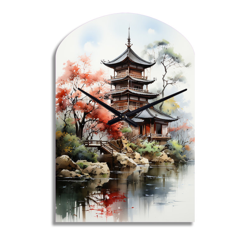 Asian Art Serene Pagoda IV - Art asiatique, horloge murale asymétrique en métal, corail, Moyenne