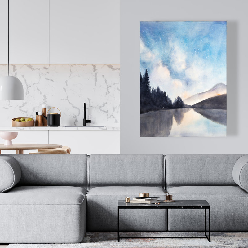 Lakeview by Night - Trees Blue Canvas for Home Decor