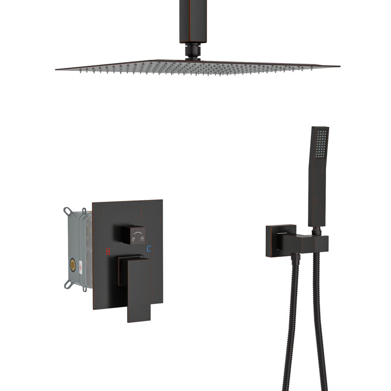 Square 16 Inch Ceiling Mount Dual Shower System With Oil Rubber Bronze Finish, - Balanced Valve, Easy Maintenance, And Handheld Spray Option Head In Bronze, Rainfall Pattern, Scald Rain